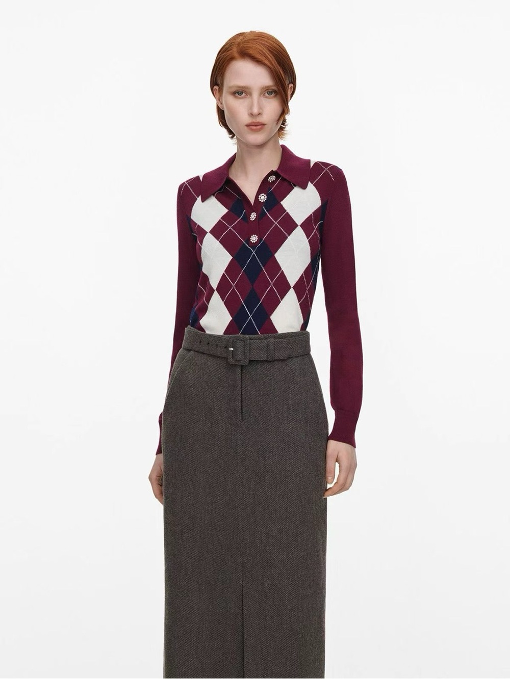 Self-Portrait Argyle Lightweight Wool Sweater, XS S M L